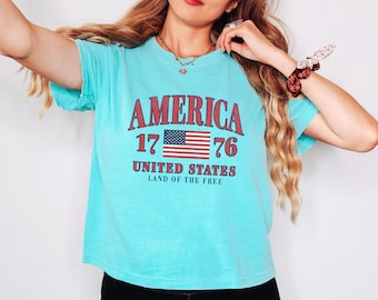 America 1776 Boxy Crop Tee, Vintage USA Flag Womens Shirt, Retro 4th of July Top, Patriotic Land of the Free Gift