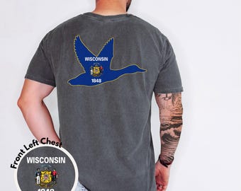 Wisconsin Flag Mallard Shirt, WI Duck Hunting Comfort Colors Tee, Waterfowl Gift for Him, Badger State Outdoorsman Apparel