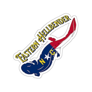 May include: A sticker featuring a stylized salamander design in navy blue, red, and yellow. The text "Eastern Hellbender" is arched above the salamander in yellow, with a white outline. The salamander has the letters "N" and "C" with stars.