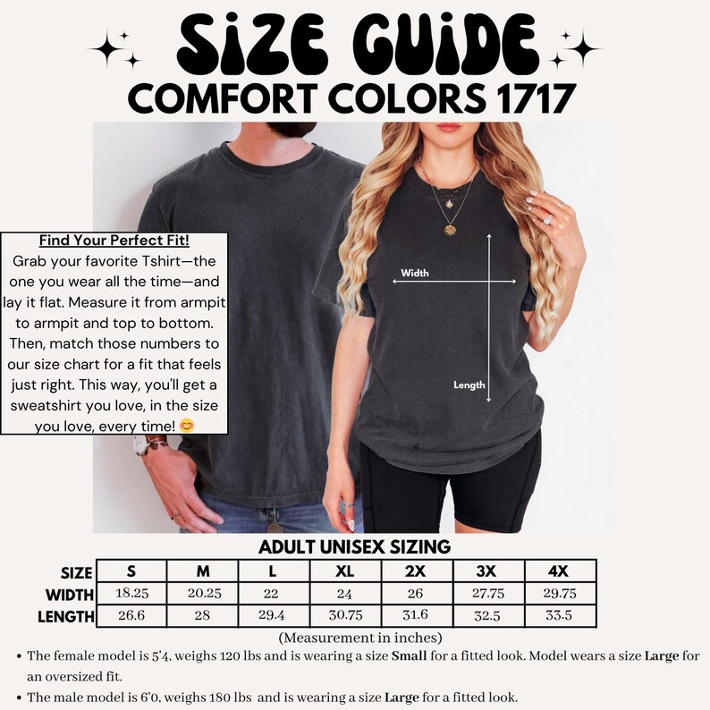 Puede incluir: Gu&iacute;a de tallas para la ropa Comfort Colors 1717. La imagen muestra una tabla de tallas con medidas en pulgadas para tallas unisex para adultos, que van de la S a la 4XL. El texto incluye instrucciones sobre c&oacute;mo medir una camiseta favorita para un ajuste perfecto.