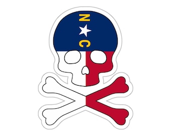 Pegatinas troqueladas con la bandera de Carolina del Norte, calavera y tibias cruzadas; calcomanía con la forma del estado de Carolina del Norte; vinilo para pesca costera; calcomanías de piratas oceánicos; pegatinas para portátil.