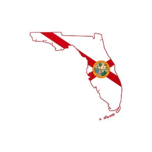 May include: A sticker in the shape of the state of Florida, featuring the state flag design. The flag has a white background with a red diagonal cross and the state seal in the center. The outline is red.