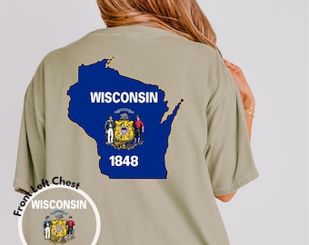 Wisconsin State Silhouette Shirt, WI Flag Outline Tee, Wisconsin 1848 Gift for Him