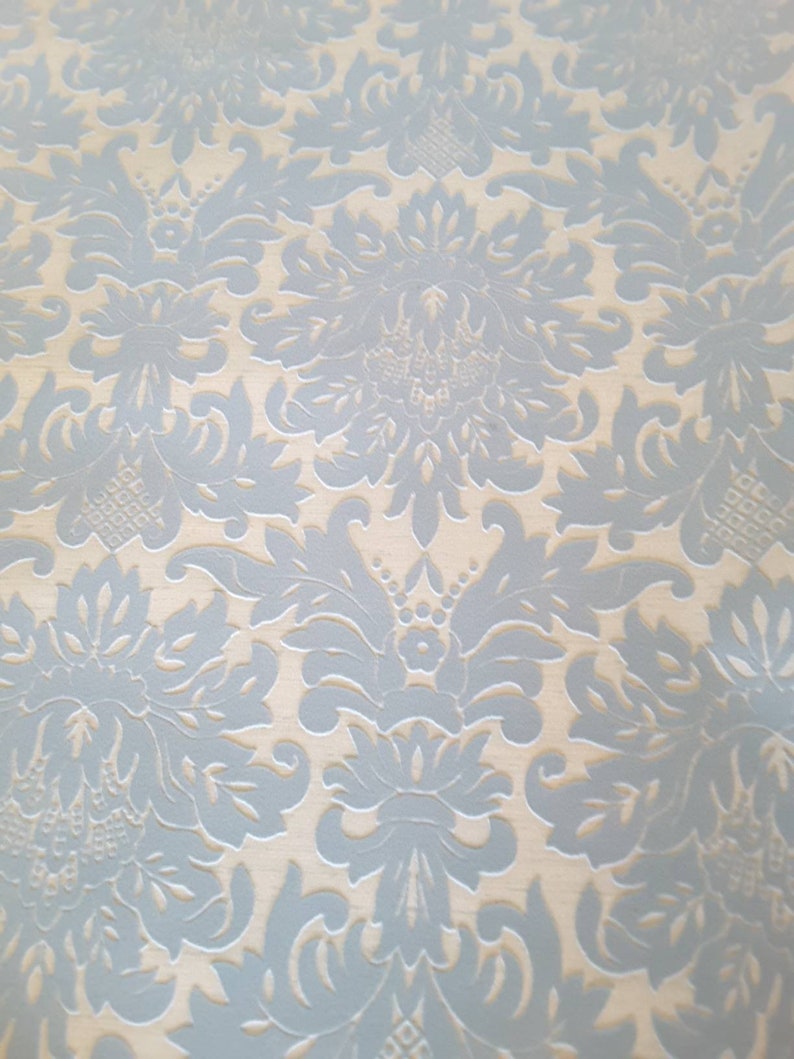 Vintage Wallpaper Flocked Ice Blue Damask Victorian Scroll Etsy UK
