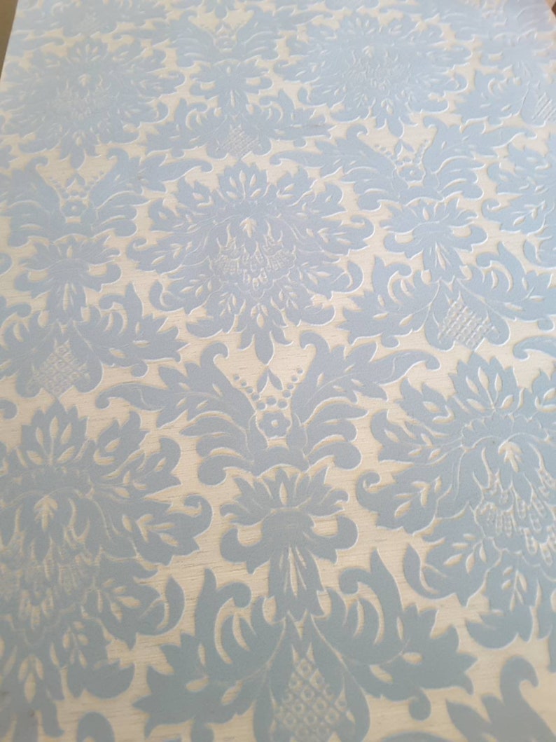 Vintage Wallpaper Flocked Ice Blue Damask Victorian Scroll Etsy UK