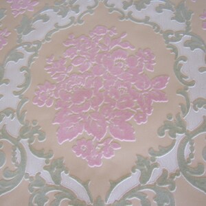 HOLD FOR GINAANDMILES Vintage Flocked Wallpaper c1970, Pink, Celery Green, Cream White Damask Scroll, Mixed Media, Shabby Cottage