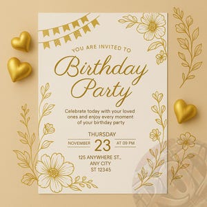 Editable Birthday Invitation Template,Gold Balloon Party Invite,Canva Editable Template,Instant Download,Printable Birthday Invite, Birthday