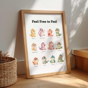 Póster de emociones para niños, tabla de sentimientos para niños pequeños, póster con tabla de emociones para preescolar, arte de pared, decoración de pared para sala de juegos Montessori, impresión de dinosaurio