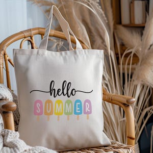 Hello Summer Tote Bag, Reusable Beach Bag, Eco Friendly Canvas Bag for Summer Vibes, Vacation Gift Idea Sunset Seaside Beach Tote Bag