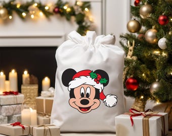 Christmas Mickey Santa Sack: 100% Cotton Reusable Xmas Gift Bag