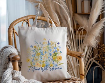 Torba typu tote „I Stand With Ukraine”, płócienna torba ekologiczna z bawełny z kwiatowym wzorem