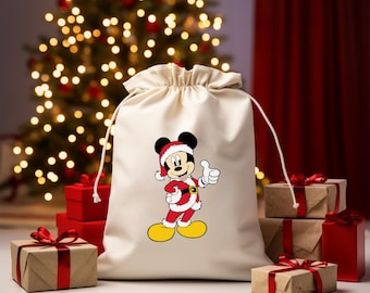 Christmas Santa Mickey Sack, Cotton Reusable Xmas Gift Bag