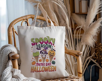 Spooky Season Halloween Tote Bag, Ghost Ice Cream Canvas Bag