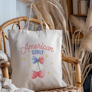 American Girly Tote Bag, 4th of July American Girl Bag with Retro USA Design, Chic Tote Bag, USA Bag, Birthday Gift, Independence Day Gift