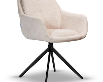DORIS Stuhl - Gepolsterter Drehstuhl mit 180 ° Auto-Rückkehr, dunkelbeige Chenille-Sitzfläche, schwarze Metallbeine, moderner Esszimmerstuhl