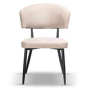 May include: A beige upholstered dining chair with a curved back and black metal legs.