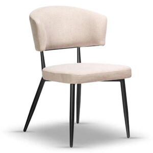 May include: A beige upholstered dining chair with a black metal frame. The chair has a curved back and a slightly angled seat.