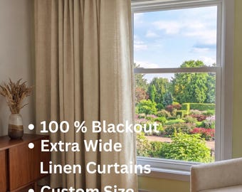 May include: Floor-length beige linen curtains hanging on a rod over a window. The text on the image reads: 100% Blackout, Extra Wide, Linen Curtains, Custom Size. The curtains feature a textured weave and are gathered in vertical pleats.