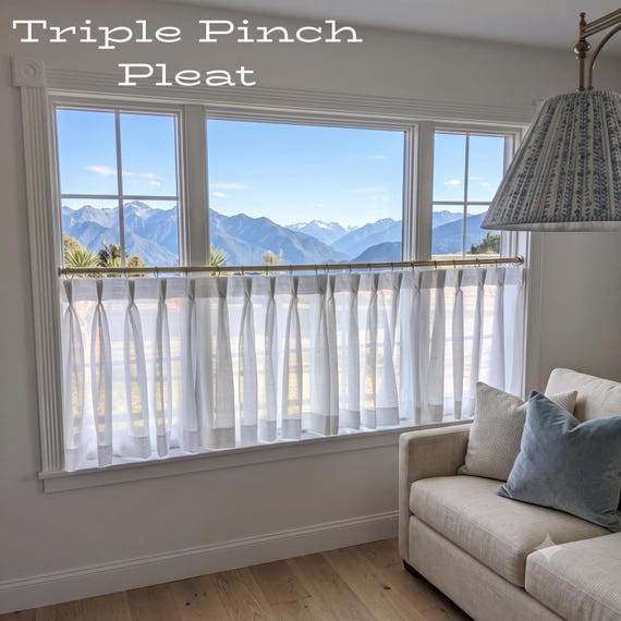 Triple Pinch Pleated Linen Sheer Curtains, Sheer Pleated Cafe Curtains, Custom Size Curtain Panels for living room, for bedroom