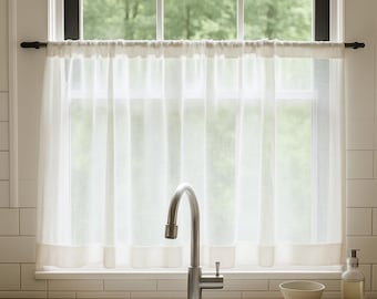Cortinas de lino transparente para cafetería/Tratamiento para ventanas de cocina de estilo rústico y campestre. El precio es por un panel.