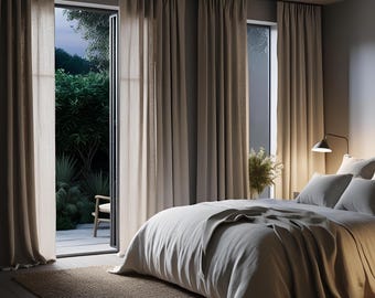 May include: A bedroom with a large bed featuring white linen bedding and a brown rug. The bed is positioned in front of a window with beige curtains. A bedside table with a lamp is visible on the right side of the bed.