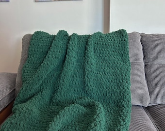 Handmade Cozy Dark Green Knit TV Blanket -  Christmas Throw for Winter Evenings