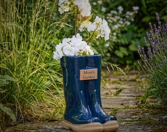 Personalised Blue Ceramic Welly Boot Planter Indoor Outdoor Garden Décor Flower Pot Plant Pots Fathers Day Gift Idea
