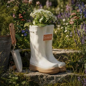 May include: A white ceramic wellington boot planter filled with white flowers, set outdoors. The boot has a tan sole and a label that reads "Danielle". A gardening trowel and other plants are in the background.