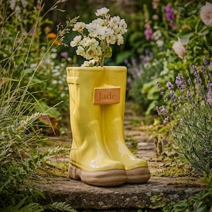 May include: A yellow ceramic wellington boot vase with a brown base, holding white flowers. The vase has a brown rectangular tag that reads "Jade". The vase is set on a stone surface in a garden.