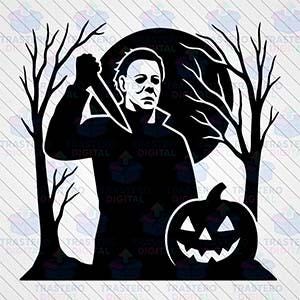 Puede incluir: Gráfico de Halloween en blanco y negro con una silueta de Michael Myers sosteniendo un cuchillo, una calabaza y árboles desnudos contra una luna llena. Es una ilustración digital.