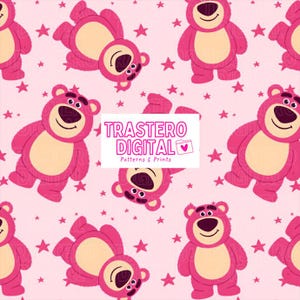 May include: A repeating pattern featuring pink teddy bears with cream-colored bellies and dark eyes, interspersed with pink stars, set against a light pink background. The text "TRASTERO DIGITAL Patterns & Prints" is also present.