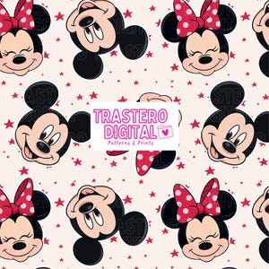 Puede incluir: Patrón repetitivo con caras de Mickey y Minnie Mouse, alternando con estrellas rojas sobre un fondo rosa claro. Minnie Mouse lleva un lazo rojo con lunares blancos. Incluye el texto "TRASTERO DIGITAL Patterns & Prints".