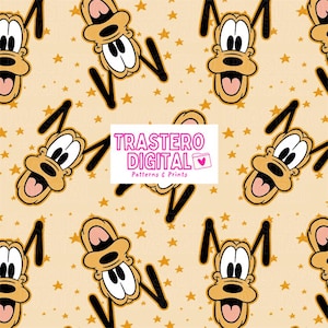 Puede incluir: Patrón repetitivo con la cara de Pluto y la letra "M" en negro sobre un fondo beige claro con estrellas doradas. La imagen incluye el texto "TRASTERO DIGITAL Patterns & Prints".