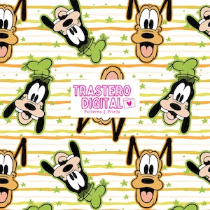 Puede incluir: Patrón repetitivo con el personaje de dibujos animados Goofy en varias poses. El diseño incluye la cara y el cuerpo completo de Goofy, sobre un fondo de rayas amarillas y naranjas y estrellas verdes. También está presente el texto "TRASTERO DIGITAL Patterns & Prints".