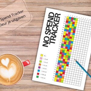 May include: A printable No Spend Tracker chart with a grid of squares to color in. The chart is designed to help people track their spending and save money. The chart includes a color key with different colors representing different spending amounts. The chart is printed on white paper and has a black border.