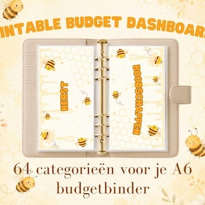 Puede incluir: Una carpeta A6 de color beige con seis anillas que contiene dos insertos de plástico transparente con patrones de abejas y panales. El inserto izquierdo muestra el texto KERST y el derecho el texto BOODSCHAPPEN. El fondo muestra margaritas.