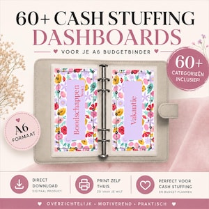 Op de afbeelding: Een A6 budgetbinder met twee bloemrijke cash stuffing dashboards. Het linker dashboard is gelabeld Boodschappen Week 2 en het rechter dashboard Vakantie. De beige binder heeft een metalen ringmechanisme en bevat meer dan 60 categorieën.