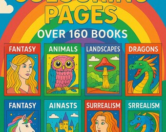 Puede incluir: Ilustración colorida de libros para colorear con el texto "10.000 Páginas para colorear Más de 160 libros". Los libros están categorizados por temas como Fantasía, Animales, Paisajes y Dragones. Un arcoíris en la parte superior.
