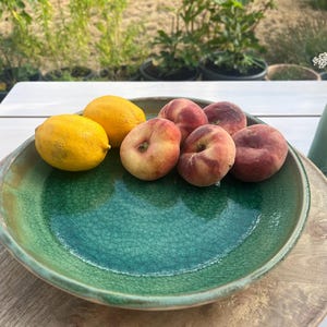 Op de afbeelding: Een ronde keramische kom met een diepgroene craquelé glazuurafwerking. De kom bevat twee heldergele citroenen en vier ronde, roze-oranje perziken. De kom heeft een brede, ondiepe komvorm en een iets donkerdere groene rand.