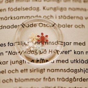May include: A close-up of a magnifying glass with four small, decorative snowflakes inside. The snowflakes are red, white, and light blue. The magnifying glass is on a piece of paper with text in a foreign language.