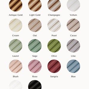 May include: A chart showing 16 different colors of wax, with the name of each color listed below the corresponding color swatch. The colors include Antique Gold, Light Gold, Champagne, Vellum, Cream, Oat, Pearl, Cacao, Laurel, Sage, Olive, Lilac, Blush, Rose, Sangria, Blue, White, and Black.