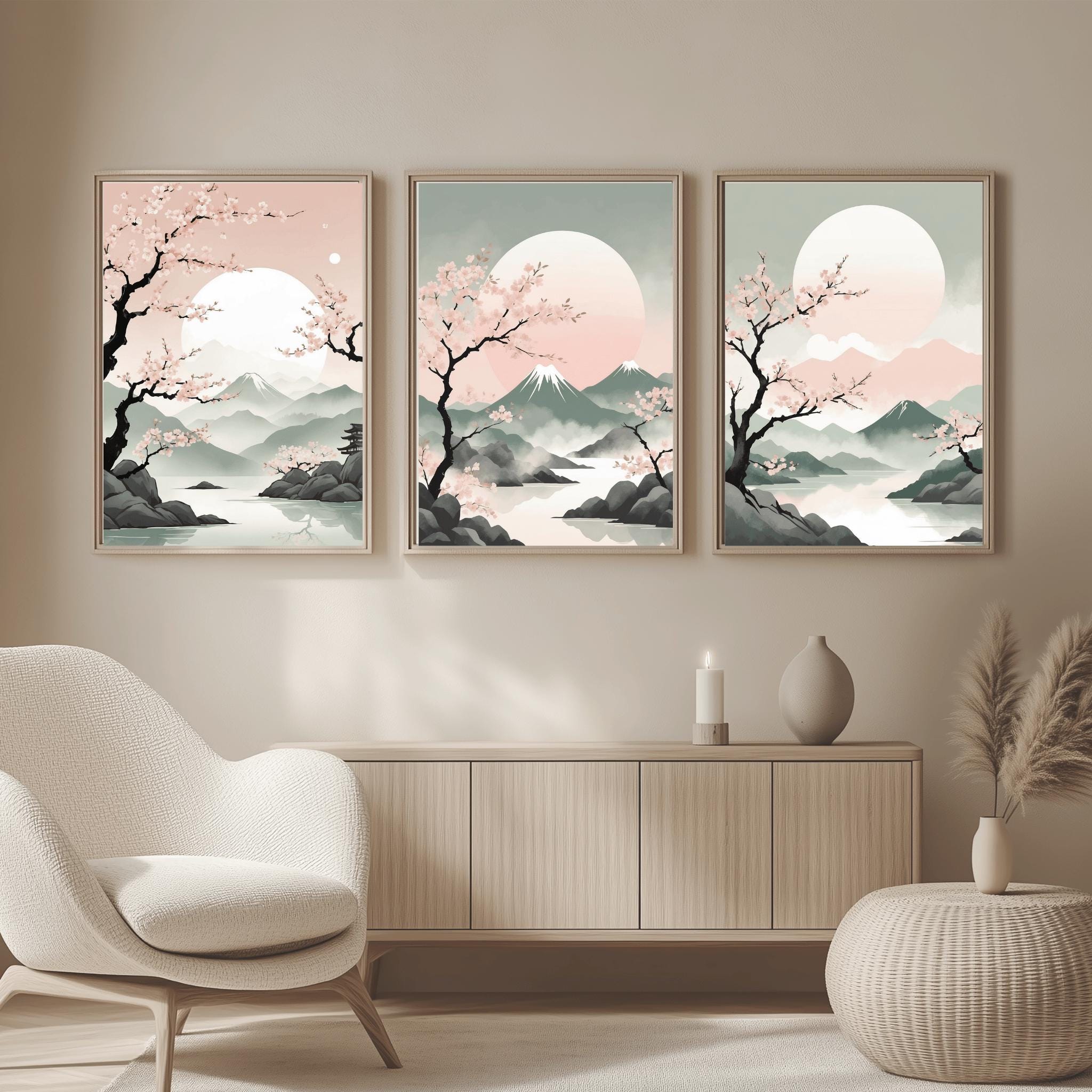 Japanese Cherry Blossom Wall Art Set, Japandi Landscape Print ...