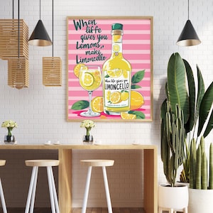 Limoncello muurkunst set van 4 – retro Italiaanse cocktailprints, roze zomer, wanneer het leven je citroenen quote posters geeft, leuk drankje keukenkunst