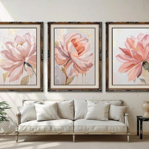 Triptyque pivoine rose poudré et or : empâtement floral peinture à l&#39;huile (téléchargement numérique)
