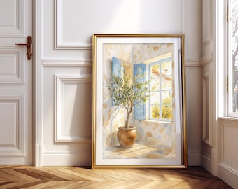 Peut inclure: Une peinture à l'aquarelle encadrée représente un olivier dans un pot en terre cuite, près d'une fenêtre avec des volets bleus. L'œuvre est dans un cadre doré, avec une scène intérieure ensoleillée. Le tableau est exposé sur un sol en bois.