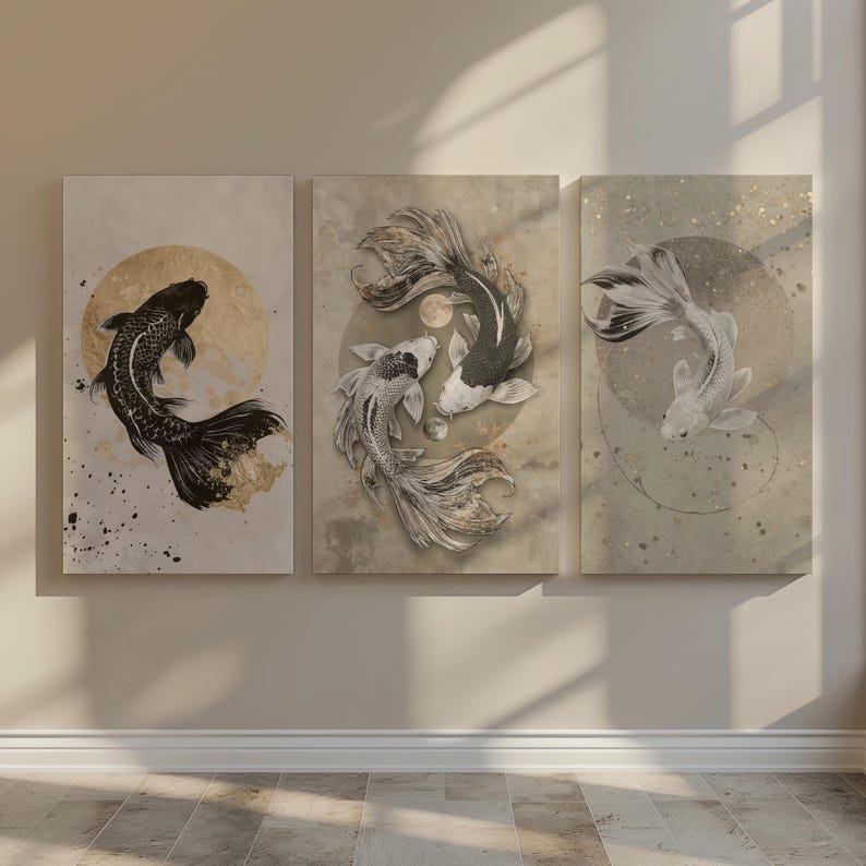 Japandi Koi Fish Wall Art Set of 3, Japanese Zen Printable, Yin Yang ...