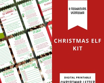 May include: A Christmas Elf Kit with various printable cards, including Elf Rules, Elf Warning, and Elf Report Card. The kit features a red background with the text "Christmas Elf Kit" and "Digital Printable Christmas Letter."