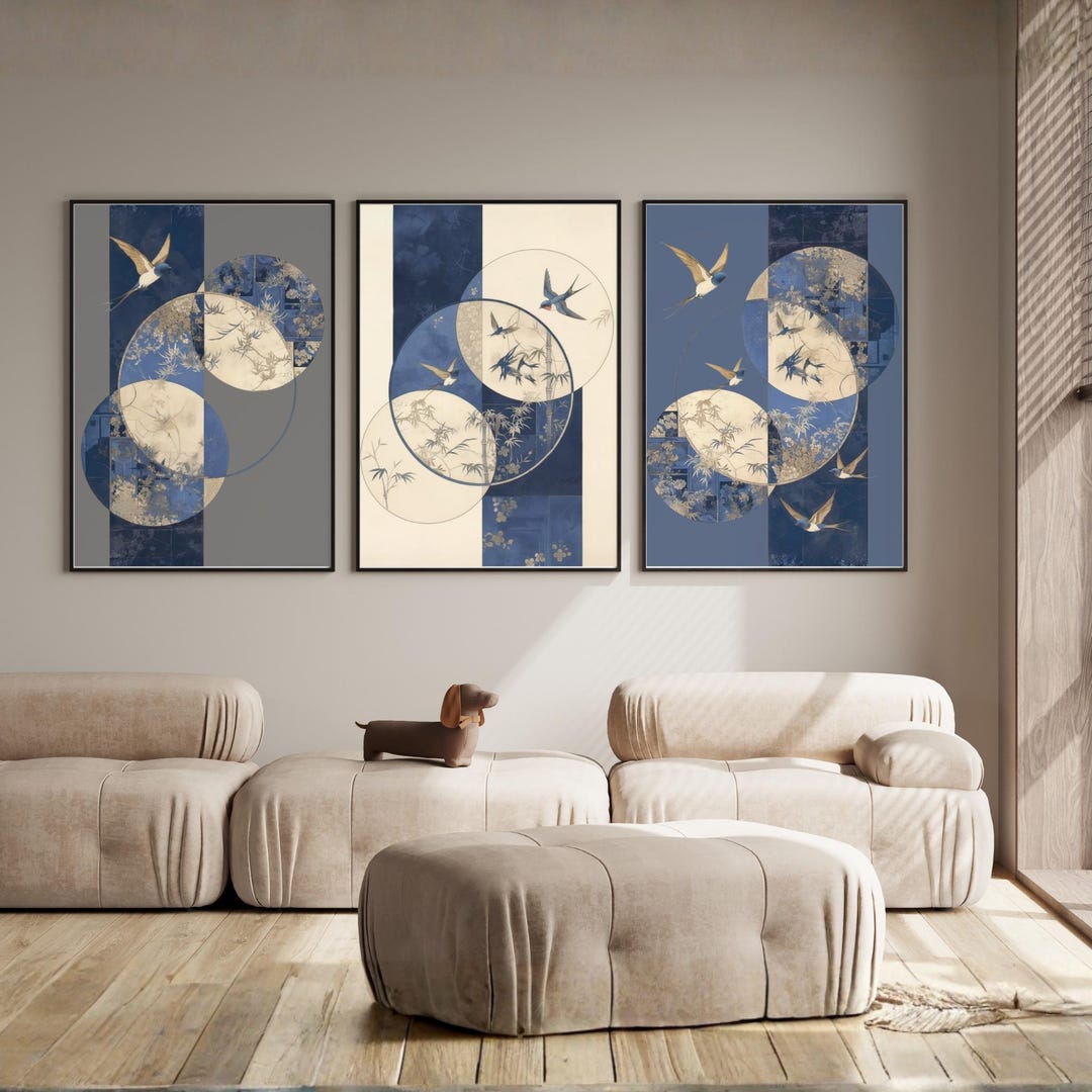 Japanese Blue Swallow Wall Art Set of 3, Asian Minimalist Print Bundle ...