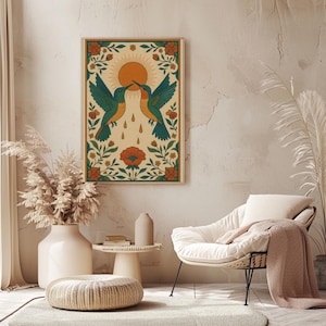 Scandinavian Folk Art Hummingbird Wall Art – Vintage Bird Print with Sun & Floral Frame – Mid-Century Nature Poster – Boho Digital Download