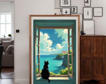 猫の窓アートプリント 海辺の猫窓をプリントしたアート – 居心地の良いインテリアのための